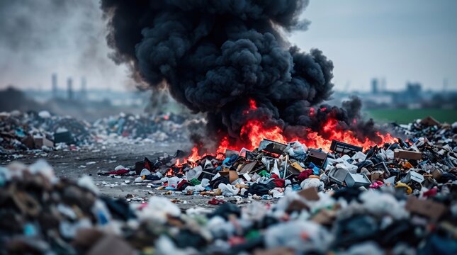 Burning trash at a dump site releasing thick black smoke into polluted air