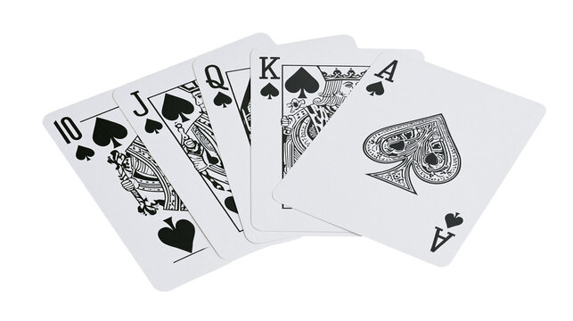 Isolated royal flush poker hand playing cards in spades fanned out for casino game