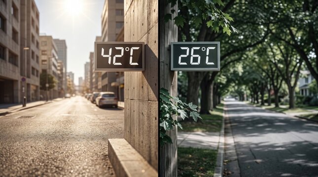 City street temperature comparison showing 42 degrees in sun and 26 degrees beneath trees