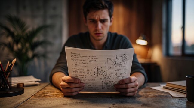 Worried young man studying a complex handwritten problem while searching for an answer