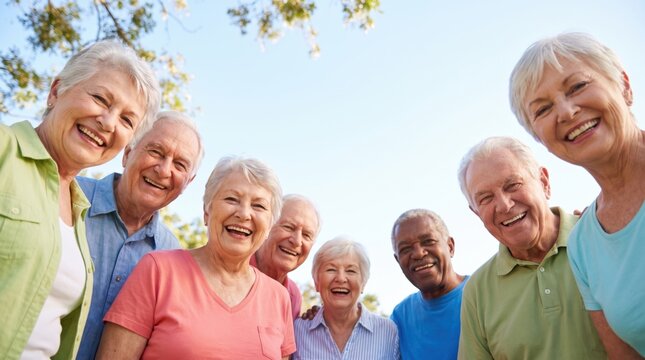 Diverse senior citizens laughing together outdoors in a cheerful community portrait