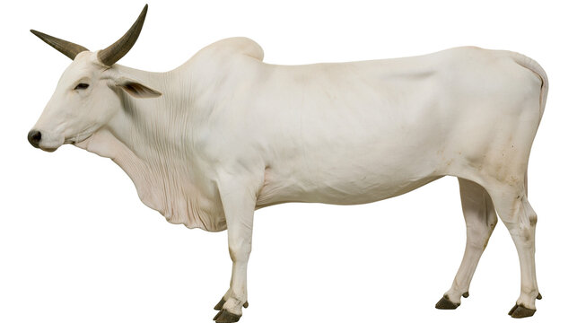 Isolated purebred white Brahman cow with large horns and prominent hump standing sideways