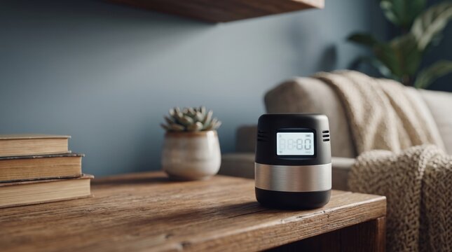 Digital radon detector monitoring indoor air quality on a basement shelf
