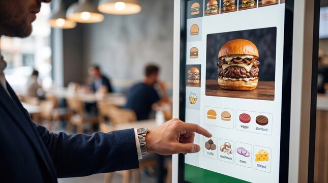 Customer customizing a burger on a touchscreen self service ordering kiosk