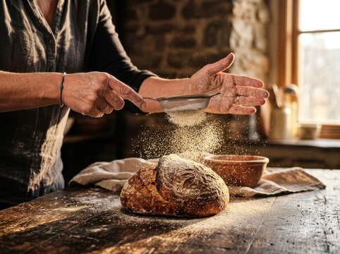 Baker Hands Sifting Organic White Flour Over Fresh Artisan Sourdough Bread Loaf in Rustic Bakery Kitchen