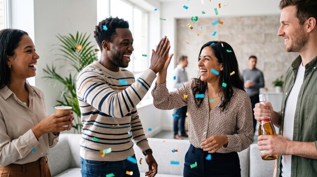 Diverse colleagues exchanging a high five during a cheerful office celebration with confetti