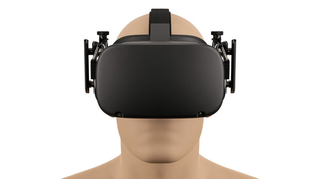 Isolated virtual reality headset on mannequin head, modern immersive technology for gaming and simulation.
