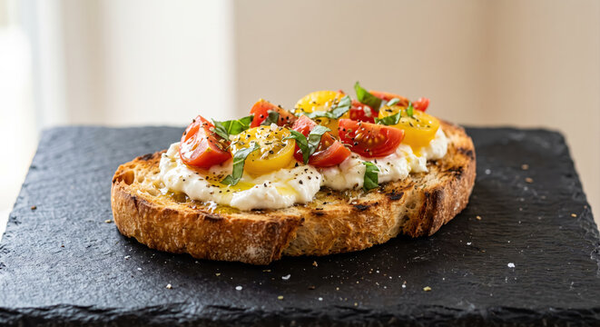 Bruschetta with ricotta, cherry tomatoes, and basil on bread