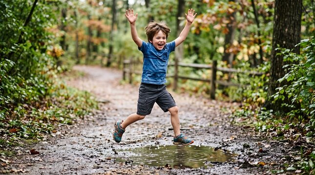 Joyful young boy jumping in puddle on forest path during autumn