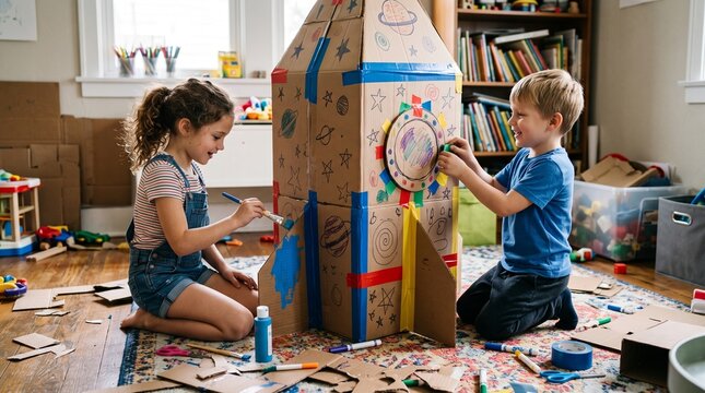 Children creatively building and decorating a cardboard rocket ship at home