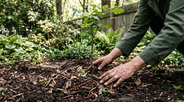 Person planting a small oak tree in a garden with mulch and green foliage