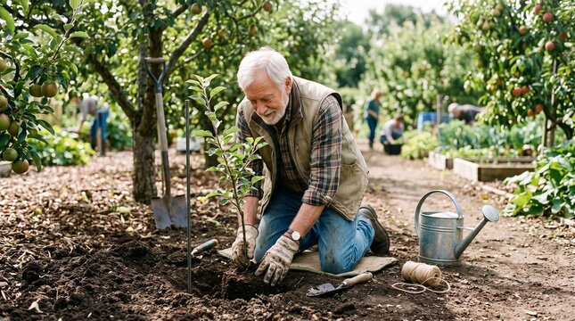 Elderly man planting a small tree in a lush garden with others working in the background