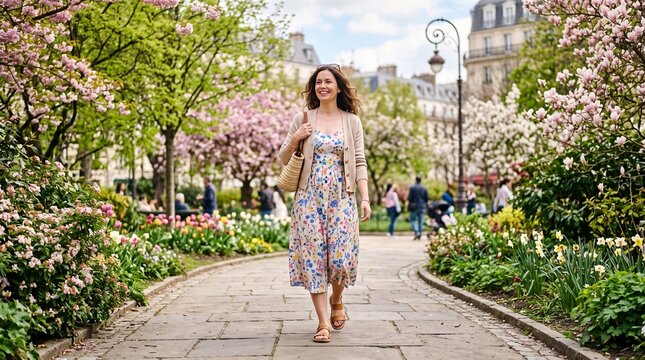 Woman walking in a blooming park during springtime in Paris