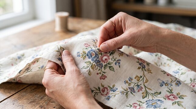 Close up of hands sewing floral fabric with a needle and thread on a wooden table