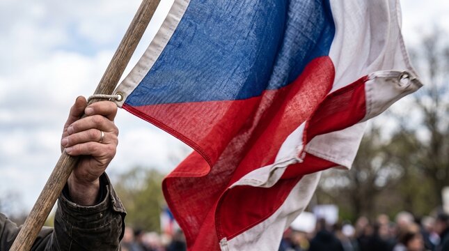 Man holding Czech Republic flag during a protest or demonstration