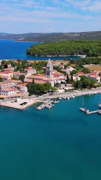 Osor City Panorama On Cres Island, Croatia,  Beautiful Summer Day. Aerial Views Show The Historic Old Town, Sunny Beaches, Sailing Yachts, Marina Harbor, Nearby Campsites Mediterranean Adriatic Coast