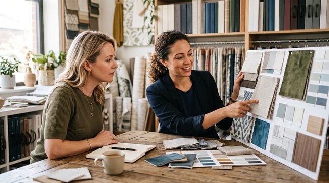 Interior designers collaborating on fabric swatches and color palettes