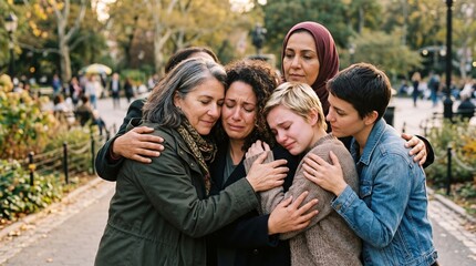Fototapeta premium Diverse group of women embracing and crying in a park