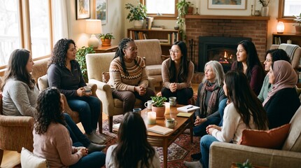 Obraz premium Diverse group of women gathered for a discussion in a cozy living room setting