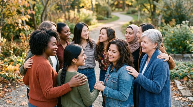 Diverse group of women of different ages and ethnicities smiling and interacting outdoors
