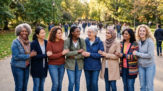 Diverse group of women of different ages and ethnicities walking together in a park