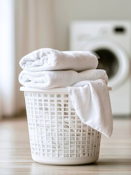 White laundry basket with fresh clean towels