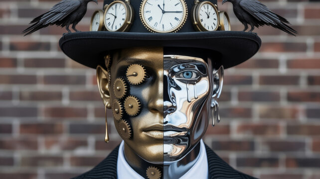 Steampunk cyborg man with gold and silver metallic face. Surreal clockwork gentleman in top hat with ravens. Futuristic clock face art.