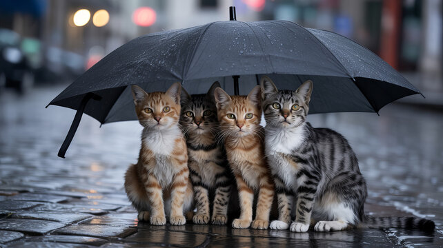 Adorable kittens huddling under black umbrella, stray cats on rainy city street, group of four cats seeking shelter on wet pavement
