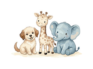 Obraz premium Adorable watercolor baby animals, a puppy, giraffe, and elephant friends together