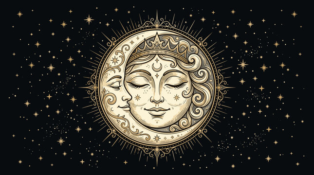 Celestial sun and moon faces with golden stars on a dark background