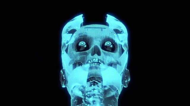 Futuristic Human Face Transforming into a Neon Green Skull, Cinematic Anatomy Visualization and Digital Medical Technology Concept