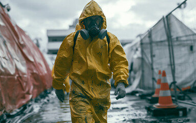 Naklejka premium Man in chemical protection suit, carrying out the decontamination area