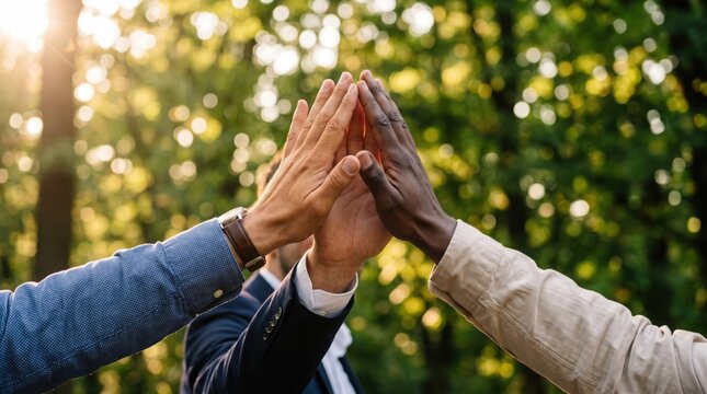 Three hands, representing different races, give each other a high five in a sign of unity and teamwork, set against a backdrop of sun-dappled trees