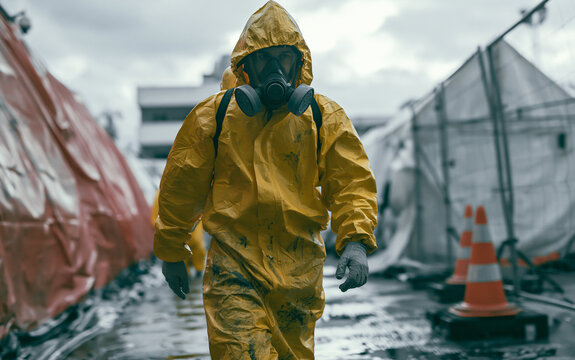 Man in chemical protection suit, carrying out the decontamination area