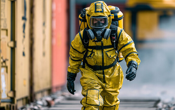 Man in chemical protection suit, carrying out the decontamination area