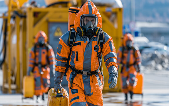 Man in chemical protection suit, carrying out the decontamination area