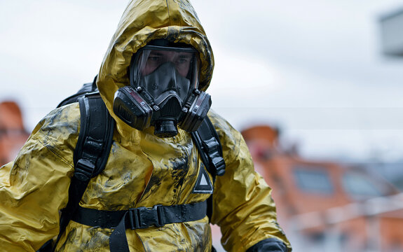 Man in chemical protection suit, carrying out the decontamination area