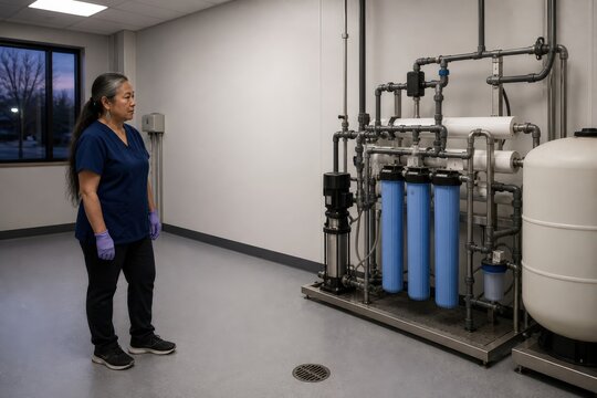 Dialysis Water Quality Testing A Native American Female Technician In Her 50s Inspecting An Outpatient Clinic Utility Room After Hours Standing