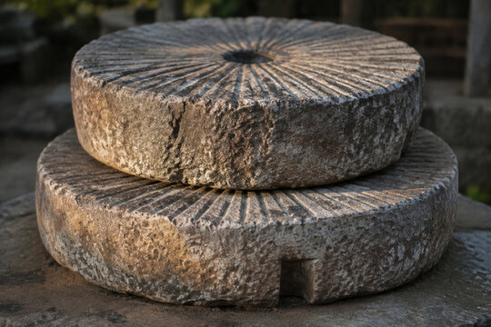 Two massive, weathered stone millstones with concentric grooves in soft morning light.