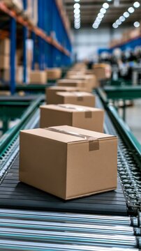 Warehouse filled with boxes on high shelves, representing logistics and supply chain
