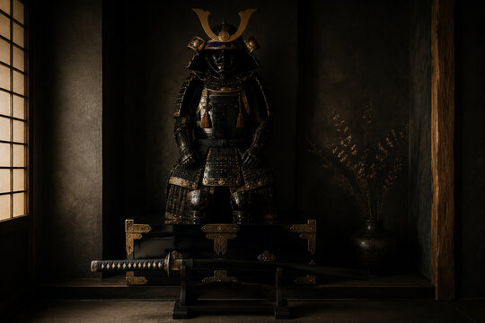 Bushido still life with samurai armor and katana in dark alcove