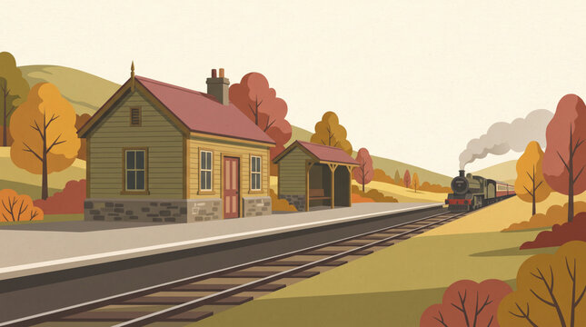 Small rural railway station with steam train approaching. Autumn countryside landscape with trees and hills. Vintage flat vector illustration of railroad travel and journey concept.