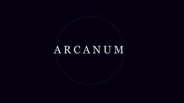 Arcanum minimalist title card with serif typography and dotted circle animation 4k serif font
