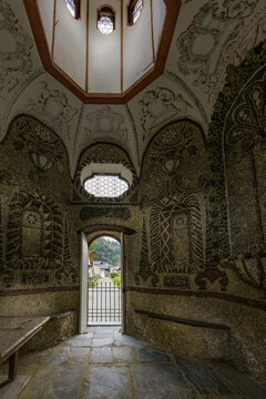 Interior view of an octagonal chapel with ornate stucco relief walls and a lantern skylight at the pilgrimage complex in Maria Luggau, Lesachtal, Carinthia, Austria