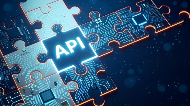 A software connectivity and system integration concept using APIs, shown through puzzle pieces containing microchips and interconnected digital circuit paths