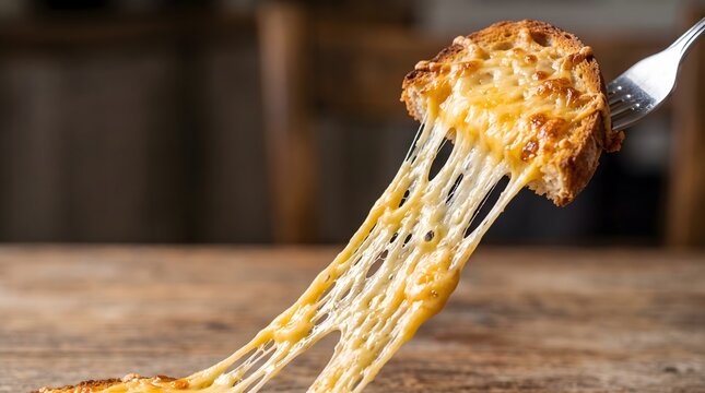 Gooey cheese pull on a fork lifting toast