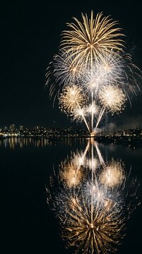 New Year Fireworks Reflection Water Dark Sky Gold Celebration Background