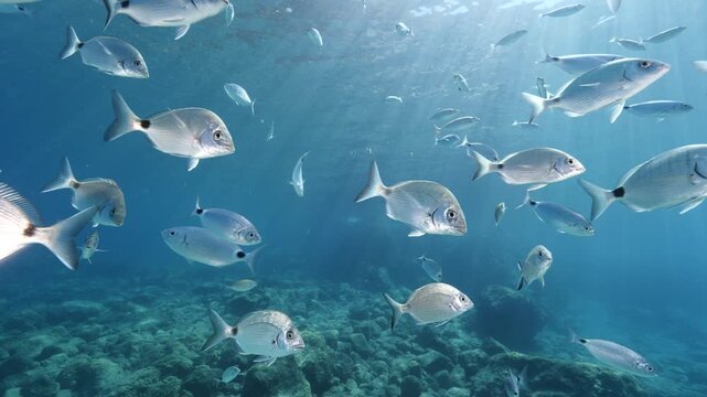underwater fish scenery from mediterranean  sea breams ocean scenery underwater landscape seabreams  Diplodus sargus