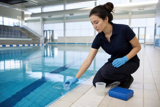Public Pool Chemical Safety An East Asian Eastern European Woman Aquatic Facility Operator In Her Early 30s With A Slim Build Collecting An Opening Water Sample From An Empty Indoor