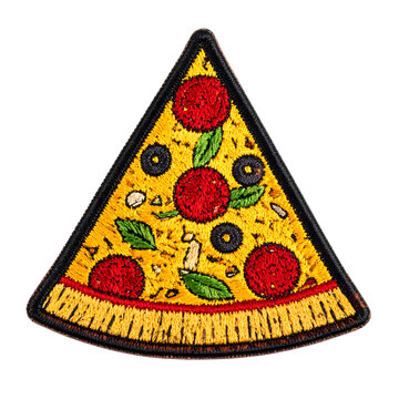 Detailed embroidered patch badge of a single pizza slice with colorful thread stitching, featuring pepperoni and olive toppings, presented as a high-quality graphic.